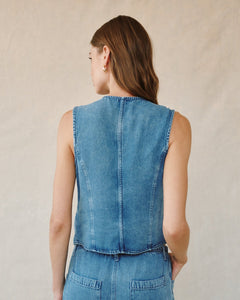 High Neck Fitted Vest In Medium Vintage Wash