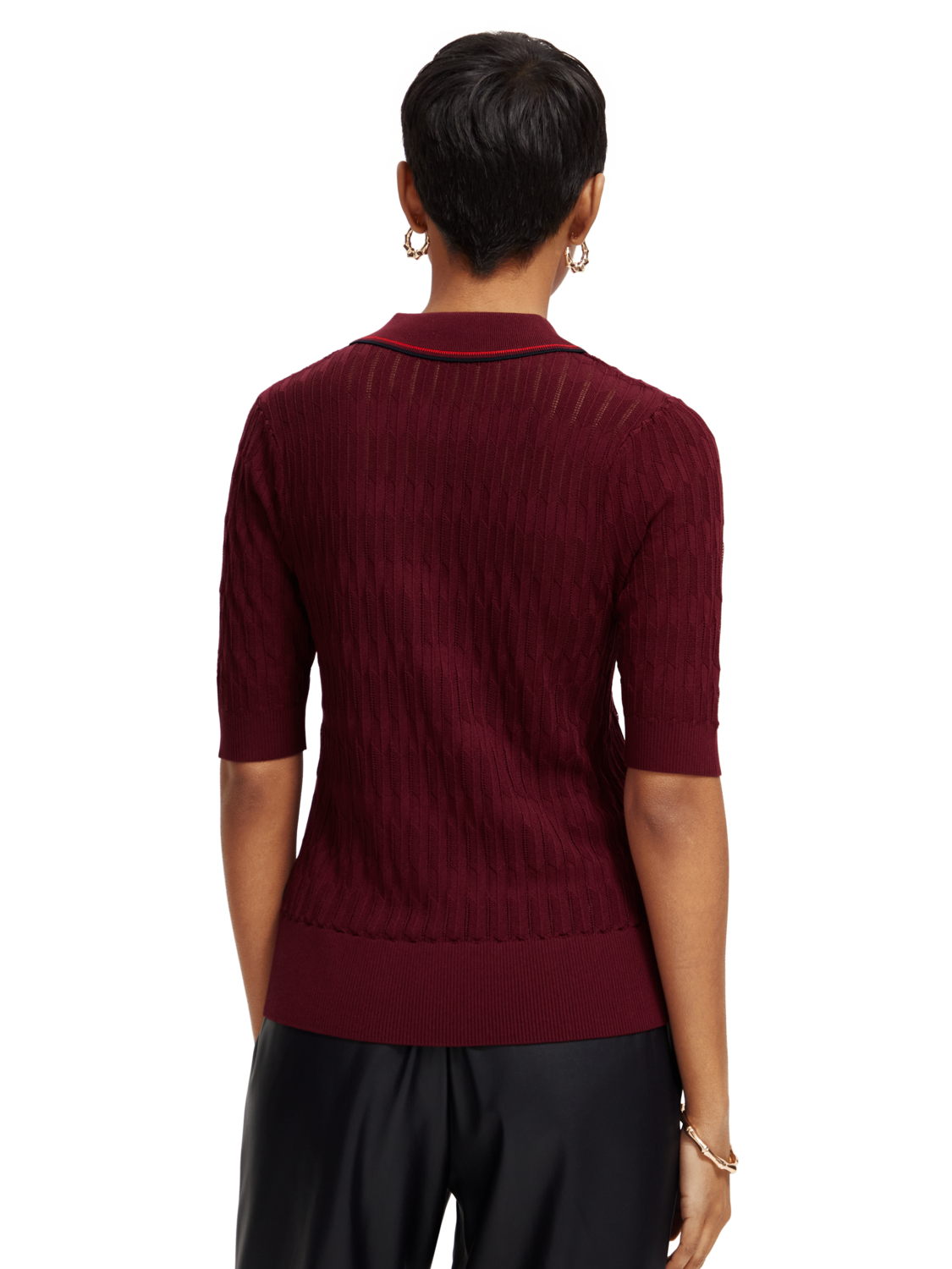 Pointelle Collared Knitted Tee In Bordeaux