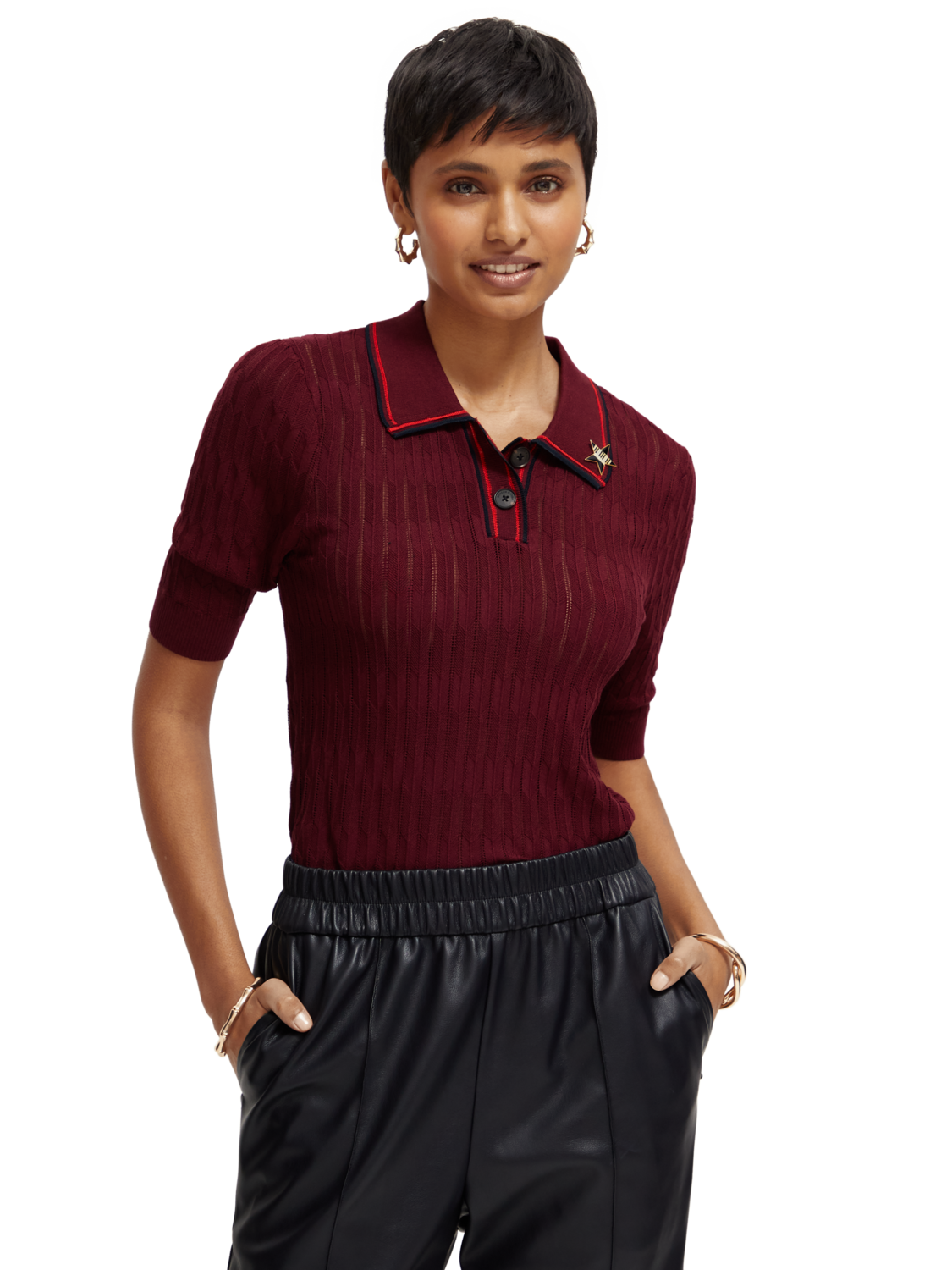 Pointelle Collared Knitted Tee In Bordeaux
