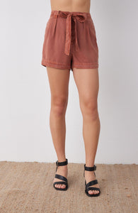 Button Front Pleated Short in Brown Amber