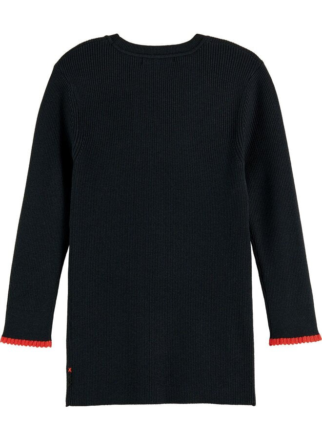 Button Detail Ribbed Pullover In Black