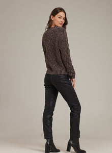 V-Neck Cable Knit Sweater in Coffee Mineral Wash