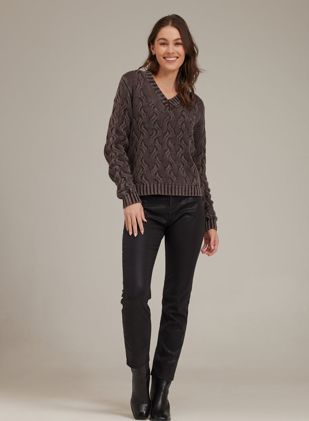 V-Neck Cable Knit Sweater in Coffee Mineral Wash