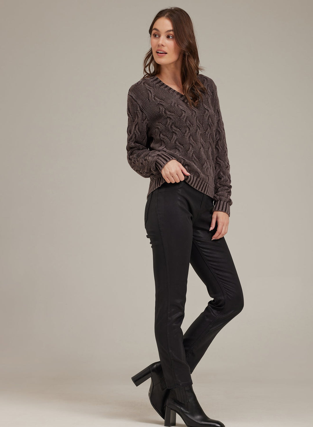V-Neck Cable Knit Sweater in Coffee Mineral Wash