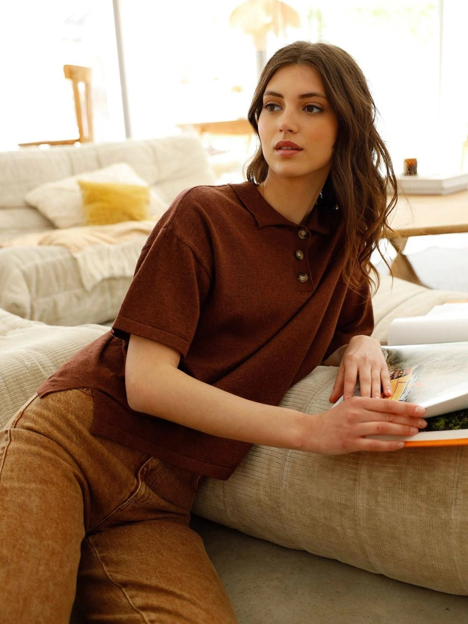 Knitted Polo Shirt In Brown Rust