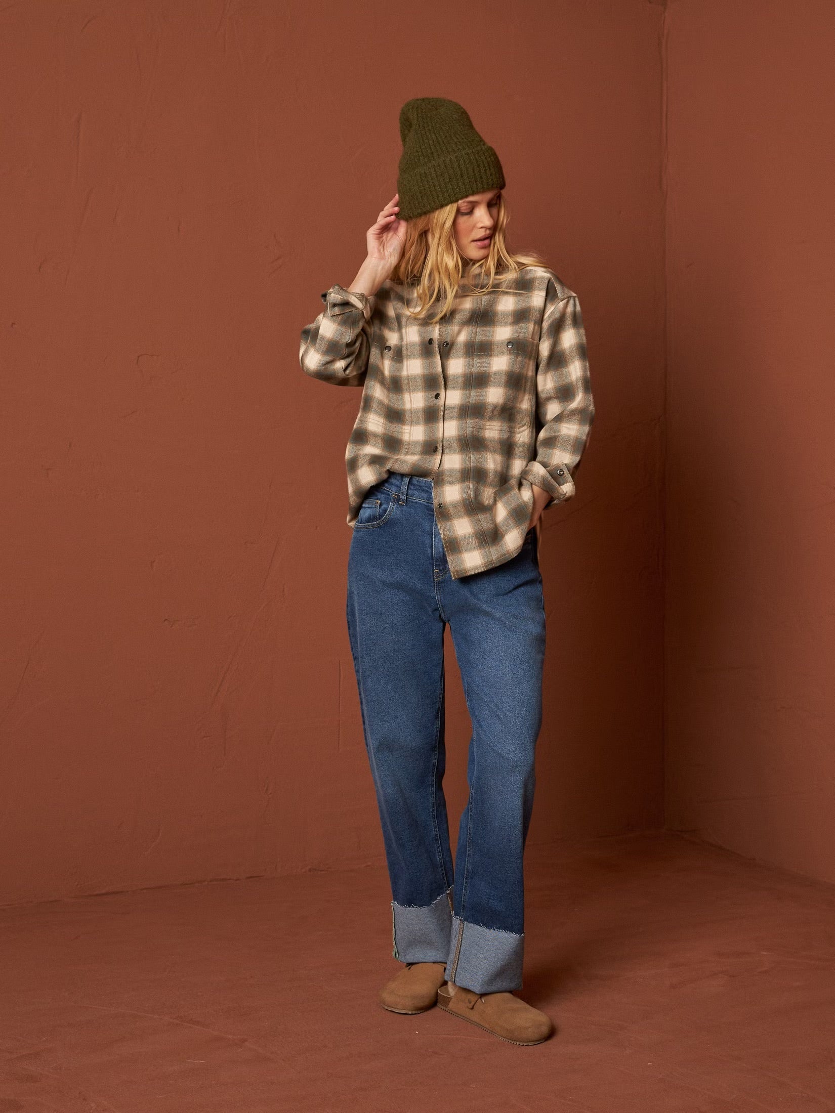 Checkered Cotton Oversized Shirt In Safari Green