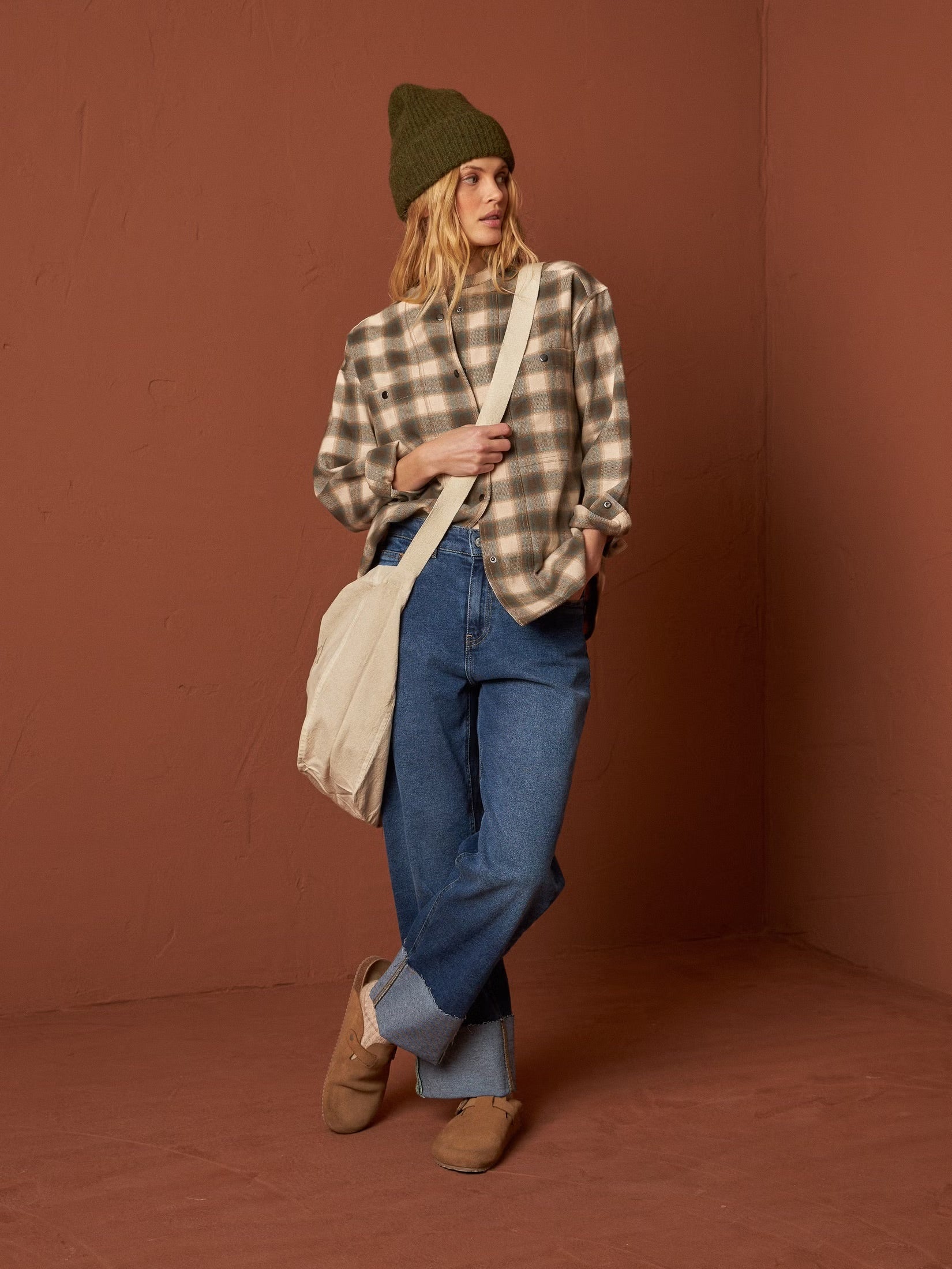 Checkered Cotton Oversized Shirt In Safari Green