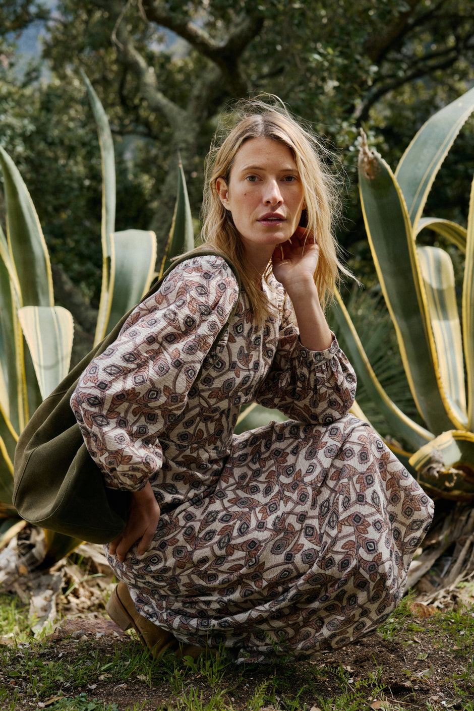Crepe Fall Leaf dress In Beige
