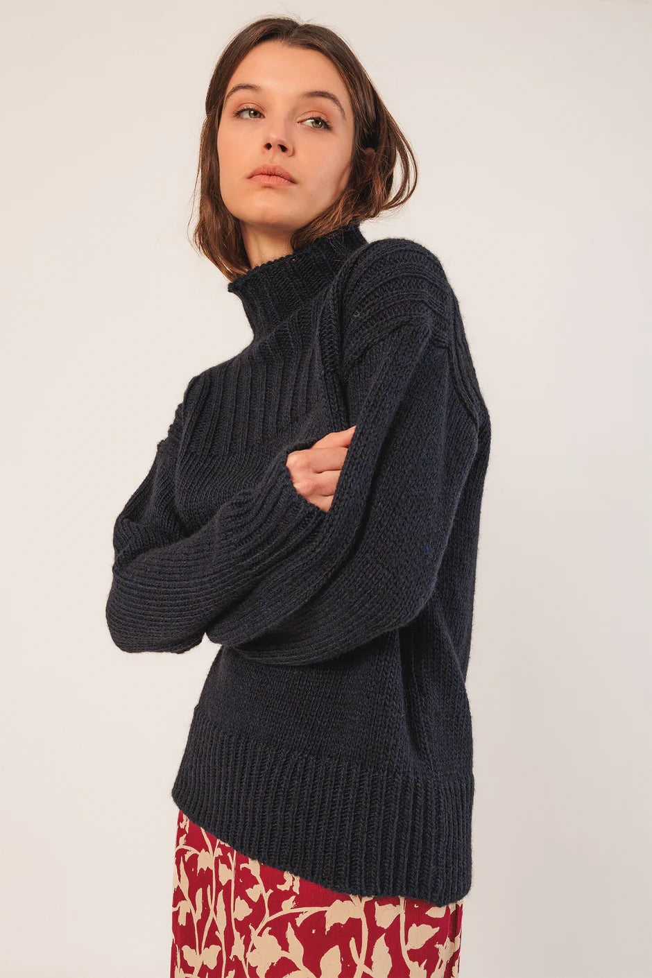 Mockneck Knitted Sweater In Navy