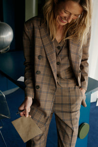 Double Breasted Blazer In Mink Plaid