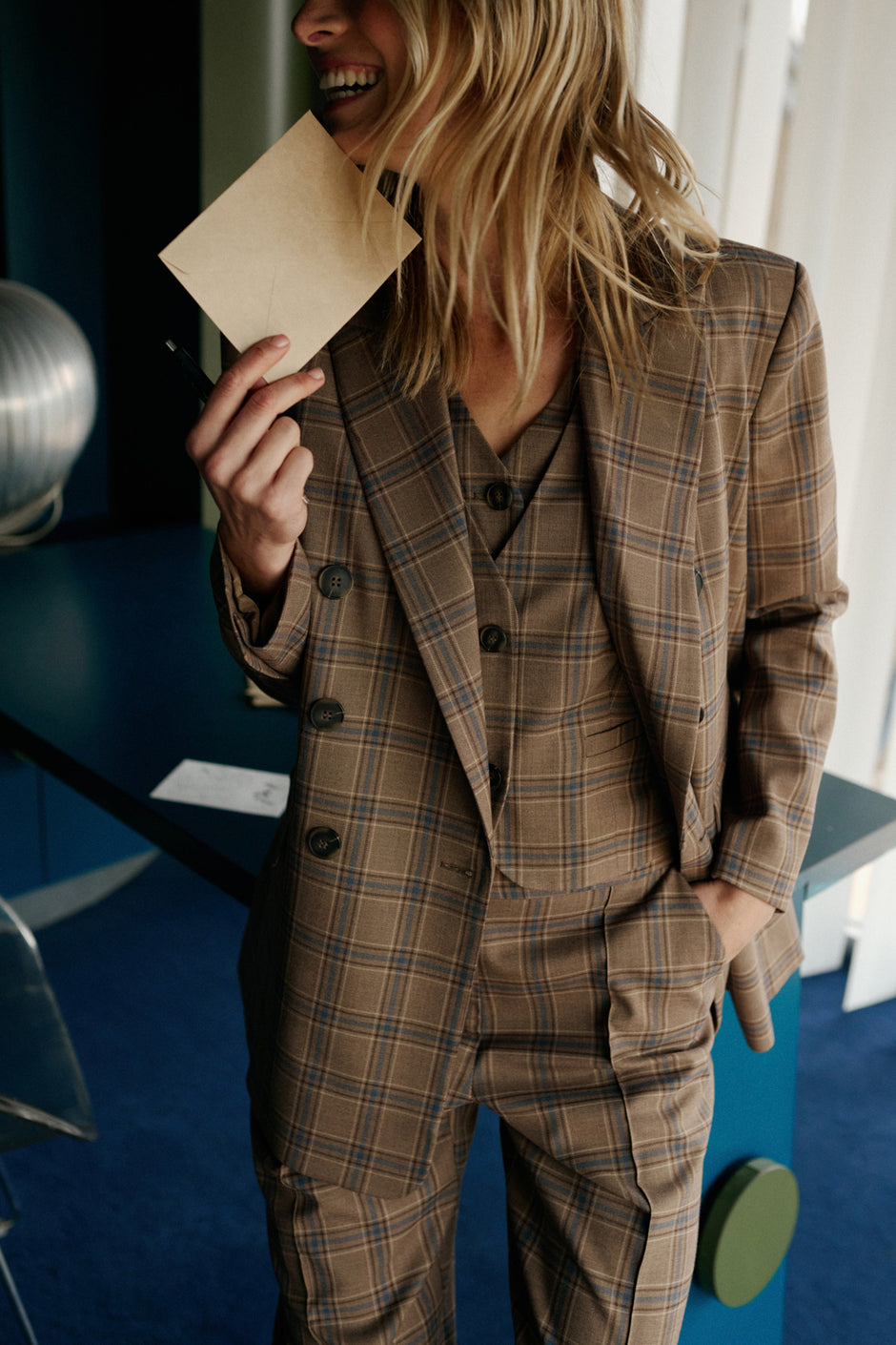 Double Crossover Vest In Mink Plaid
