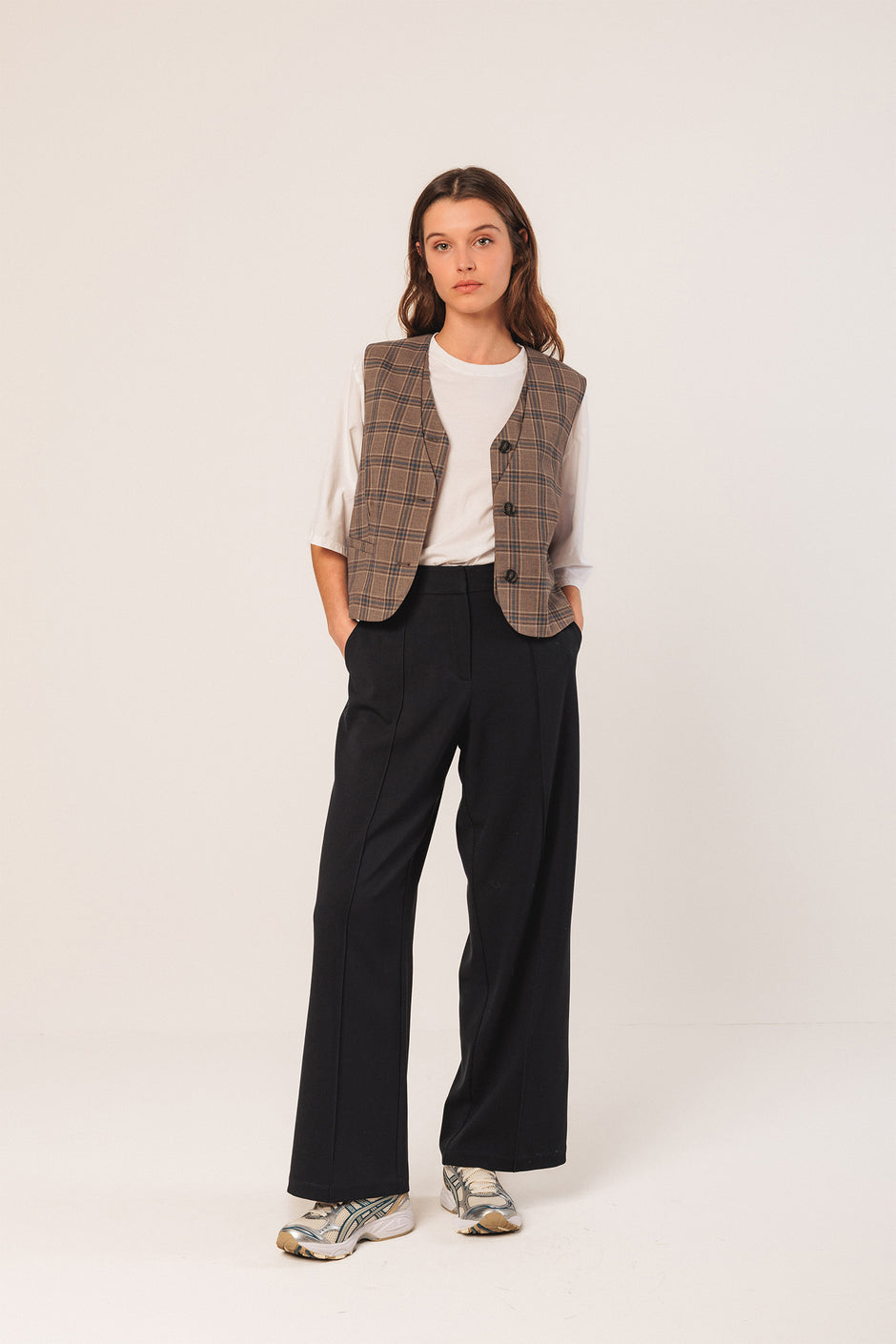 Double Crossover Vest In Mink Plaid
