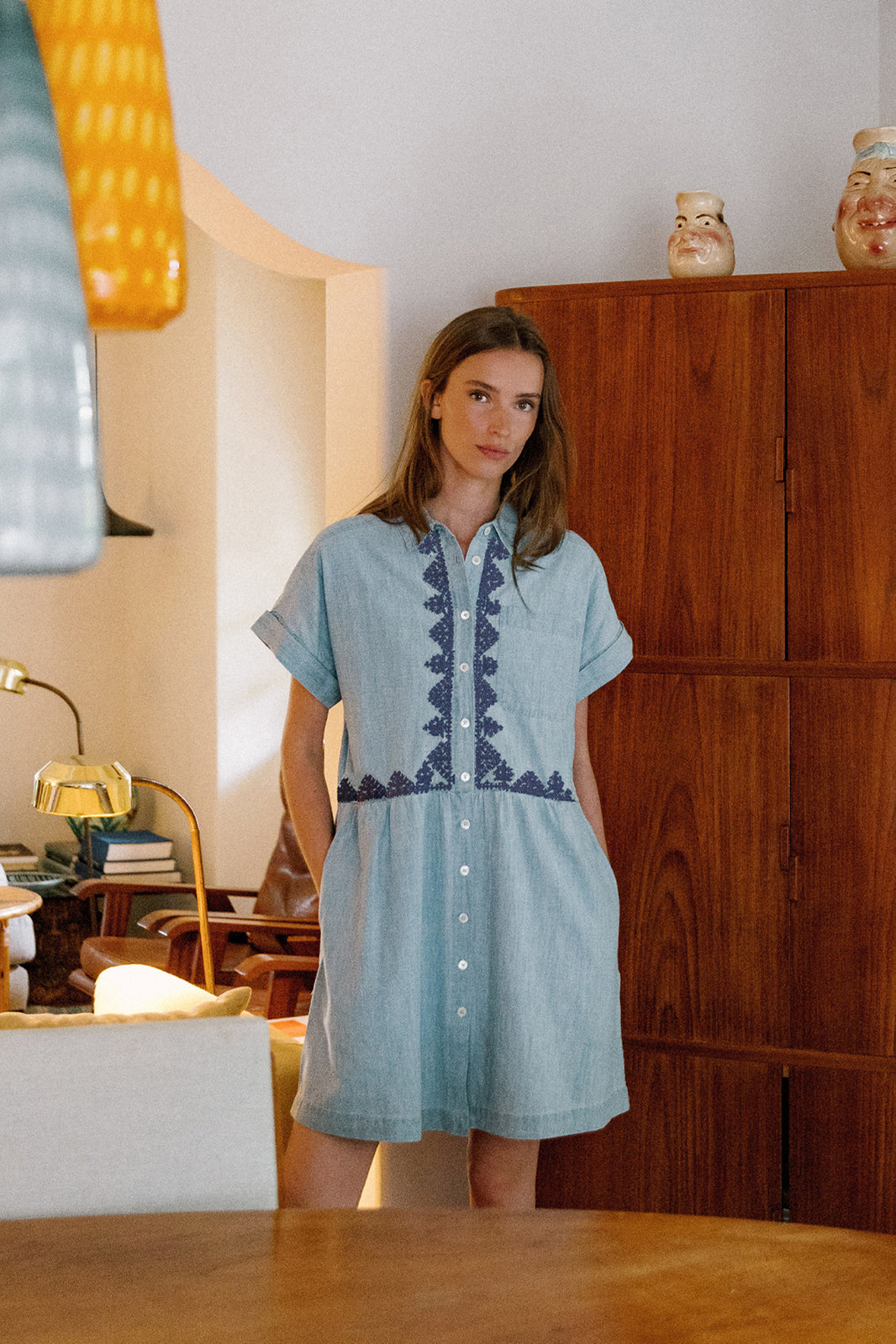 Embroidered Denim Shirt Dress In Super Stone