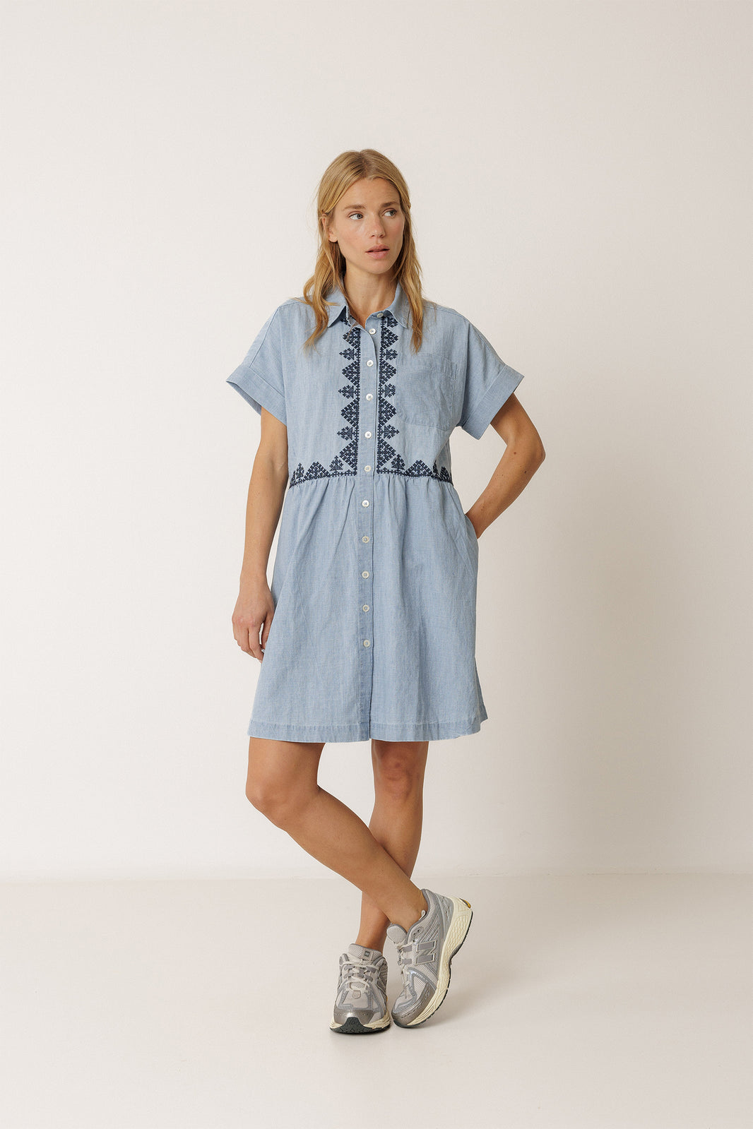 Embroidered Denim Shirt Dress In Super Stone