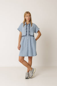 Embroidered Denim Shirt Dress In Super Stone