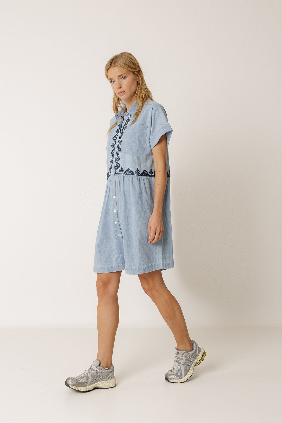 Embroidered Denim Shirt Dress In Super Stone
