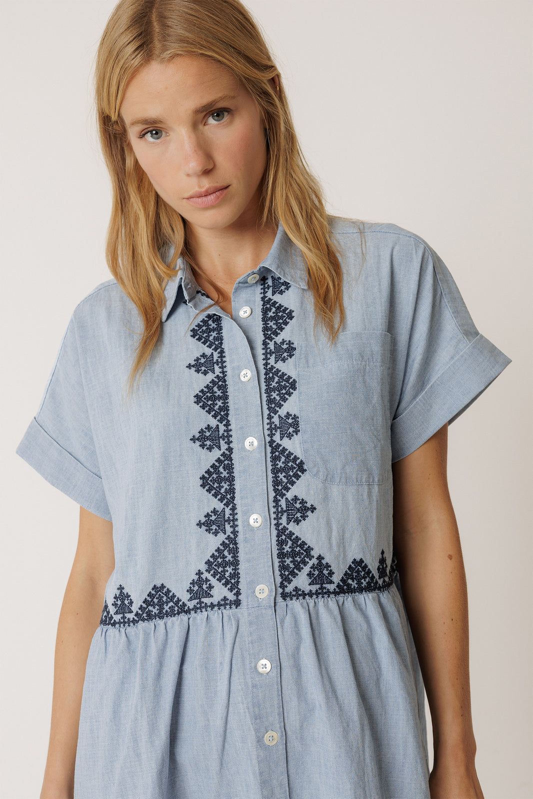 Embroidered Denim Shirt Dress In Super Stone