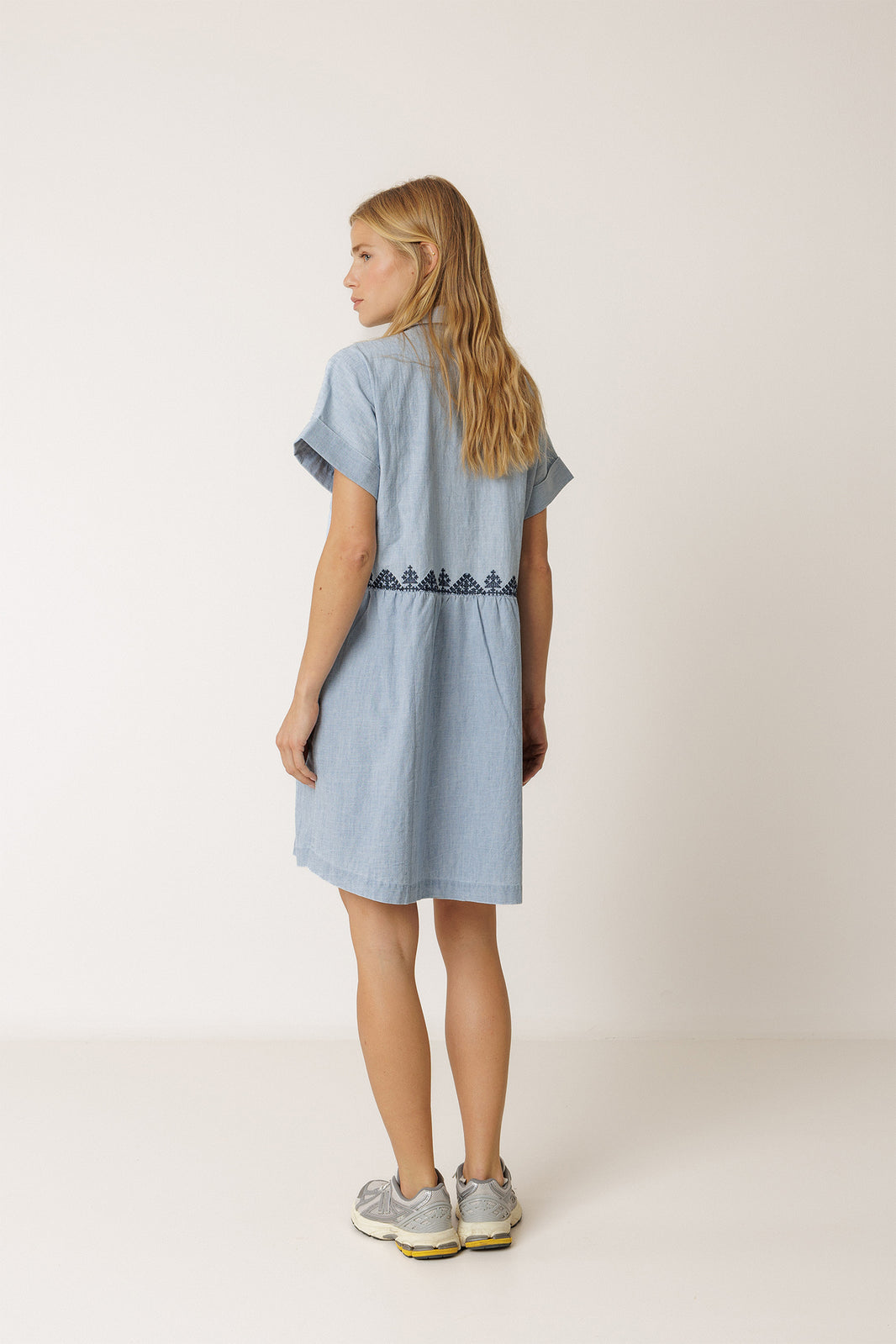 Embroidered Denim Shirt Dress In Super Stone