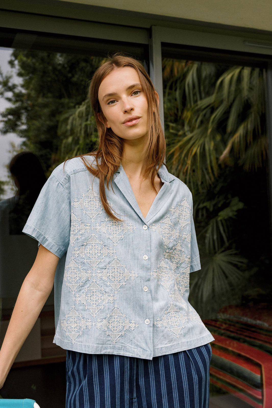 Embroidered Denim Shirt In Super Stone Wash