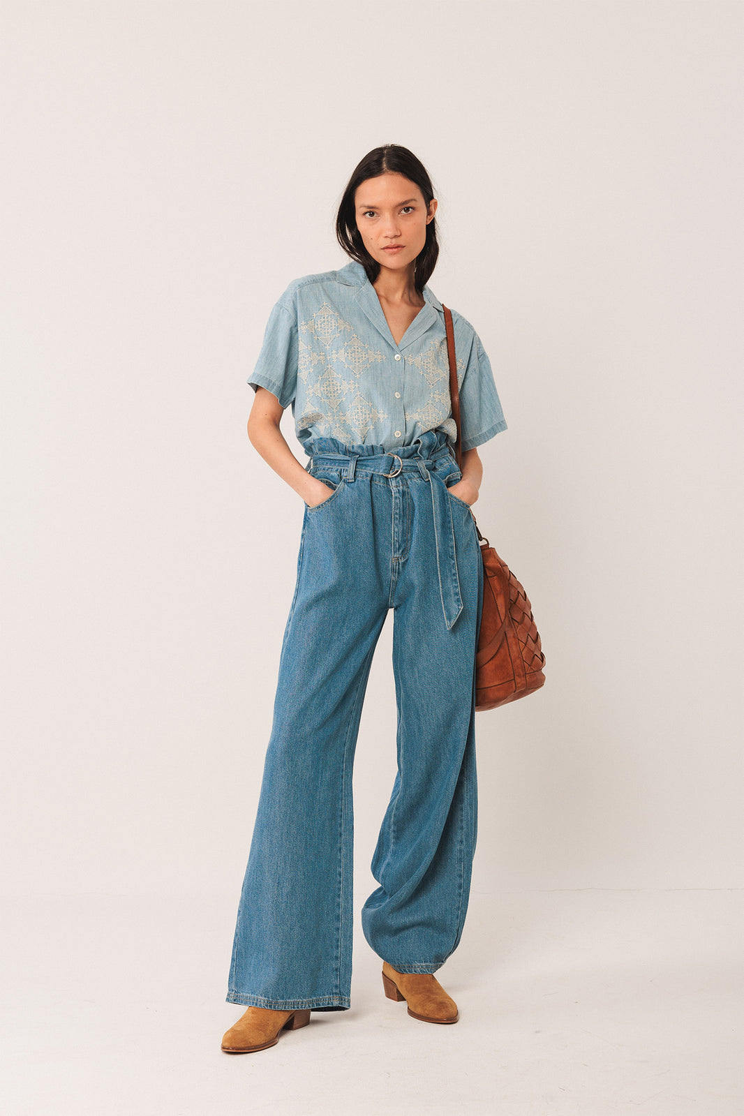 Embroidered Denim Shirt In Super Stone Wash