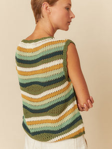 Knitted Wavy Striped Pullover Shell In Greens