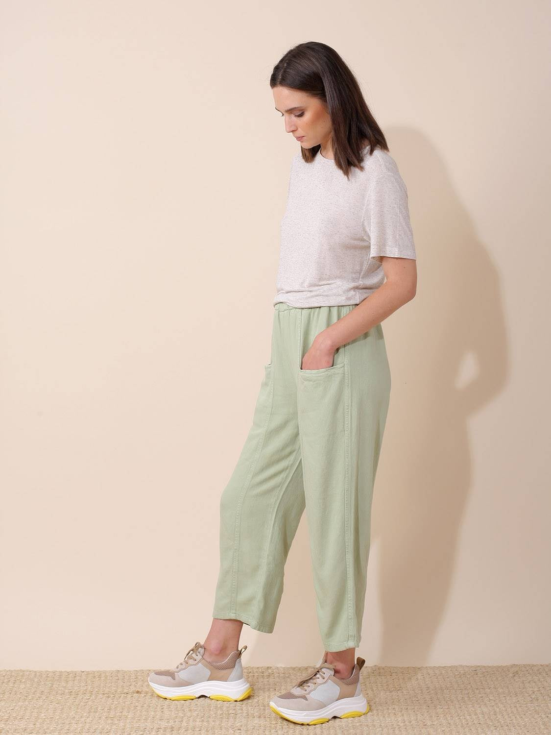 Elastic Waist Trousers In Mint Green