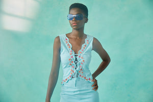 Simone Hand Embroidered Top in Blue Linen